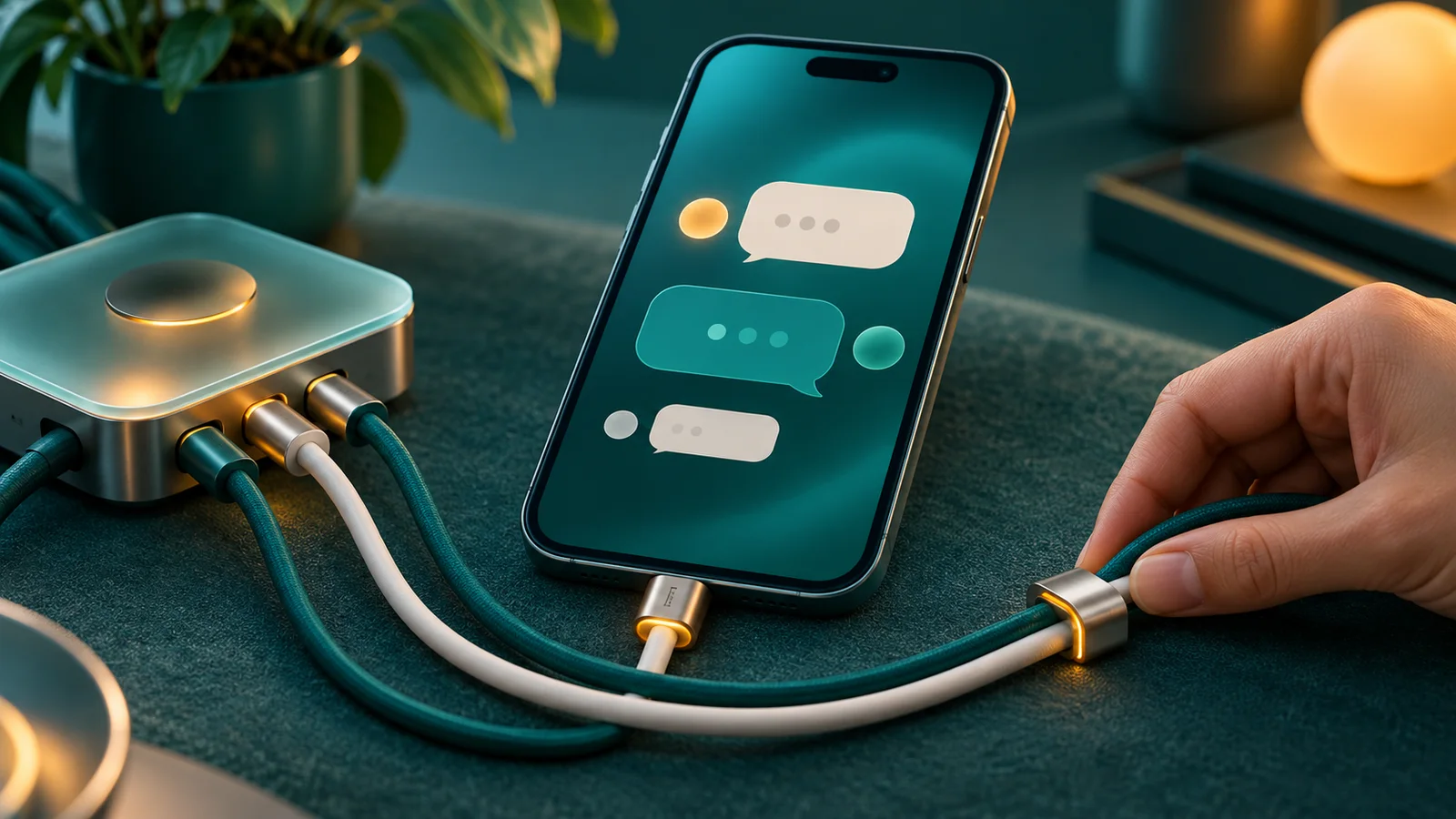 Tangan mengencangkan kabel pada hub yang terhubung ke ponsel dengan gelembung chat abstrak.