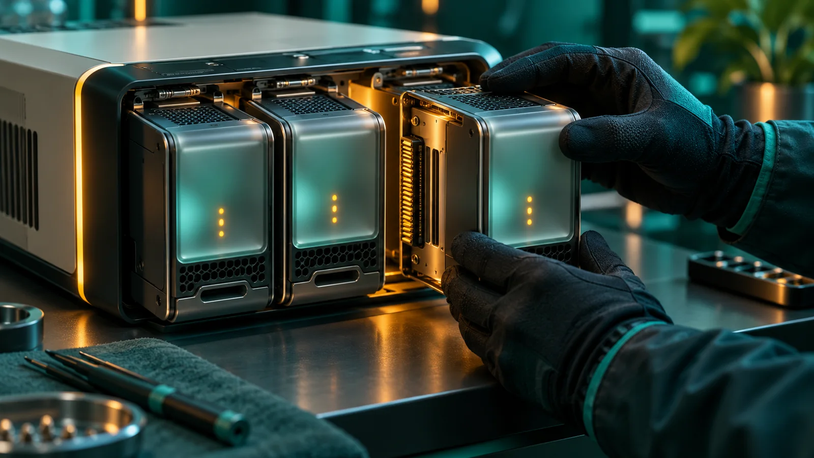 Tangan teknisi memeriksa modul server yang belum sejajar sebelum upgrade