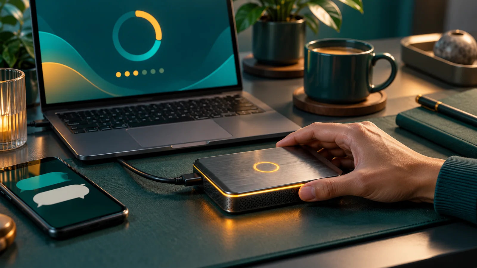Tangan menghubungkan drive cadangan ke laptop, dengan ponsel berisi gelembung chat abstrak di sampingnya.