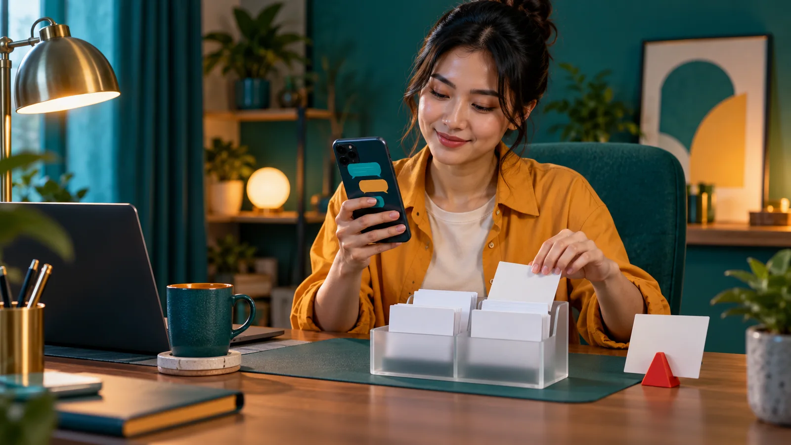 Pemilik usaha kecil memeriksa chatbot dan memilah kartu aturan penggunaan AI di meja kerja.