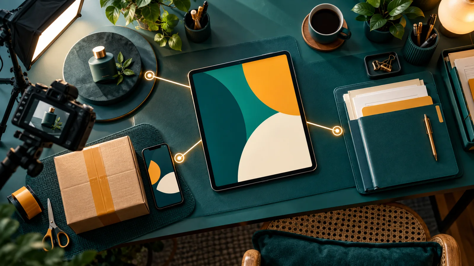 Tablet abstrak menghubungkan perlengkapan pemasaran, paket penjualan, dan dokumen administrasi di meja kerja.
