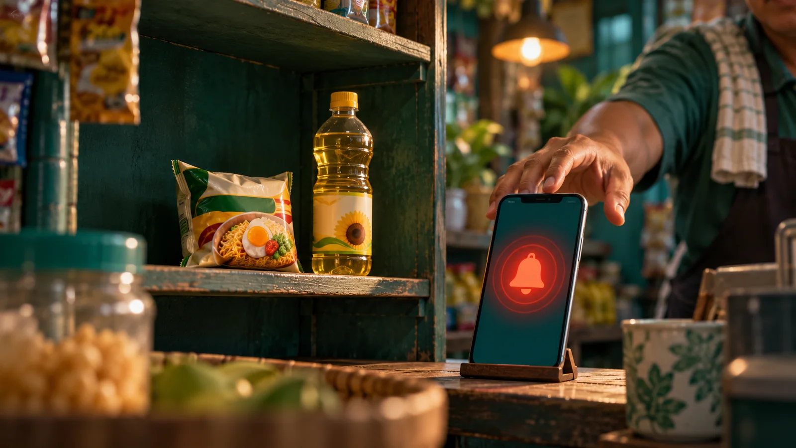 Rak warung hampir kosong dengan dua barang tersisa dan ponsel menampilkan notifikasi peringatan stok menipis.