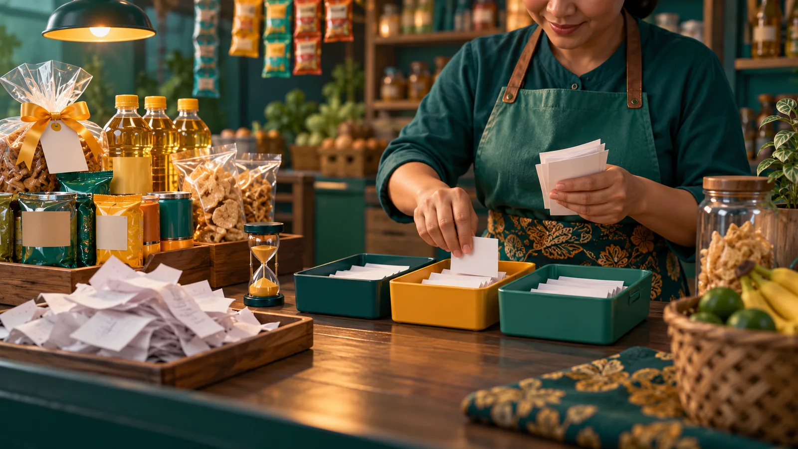 Tangan pemilik warung merapikan slip penjualan promo di antara produk, stok, dan pengukur waktu pasir