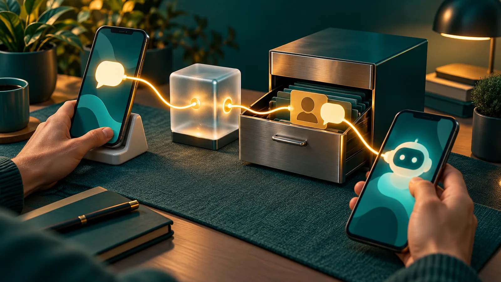 A phone chat passes through a gateway into a CRM drawer with an identity token and no phone number.