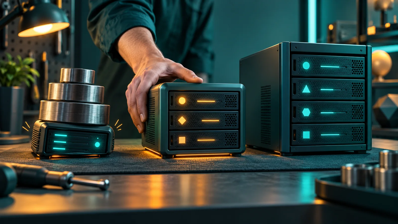 Tiga server berbeda ukuran di meja bengkel, tangan memilih server tengah sebagai kapasitas yang seimbang.