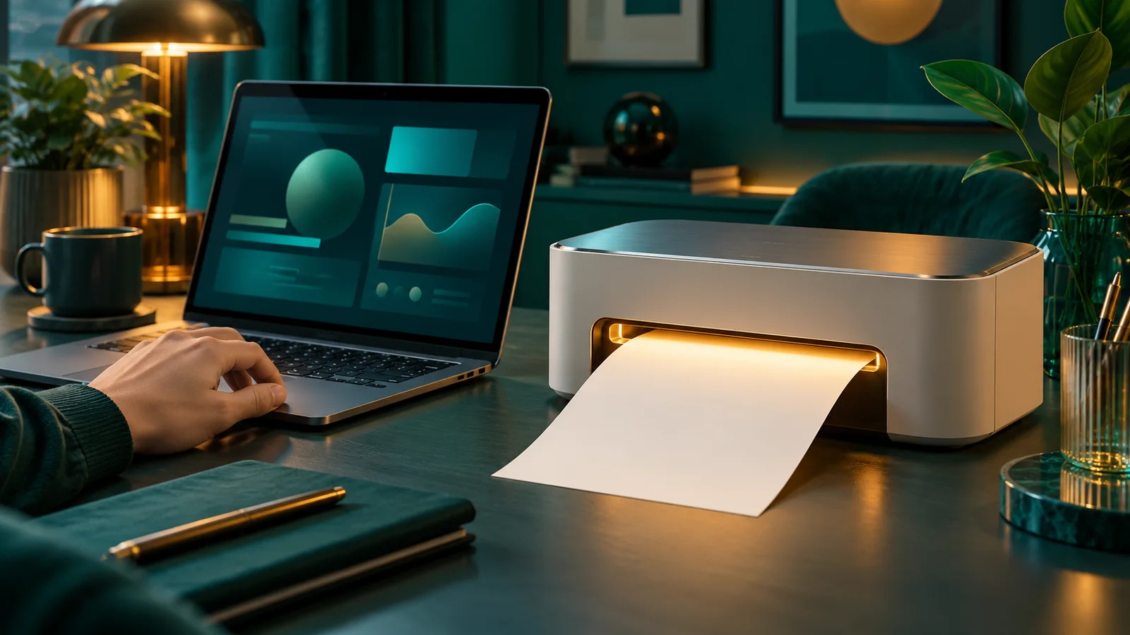 Laptop menjalankan proses, tetapi printer hanya mengeluarkan kertas kosong di meja kerja rumah.