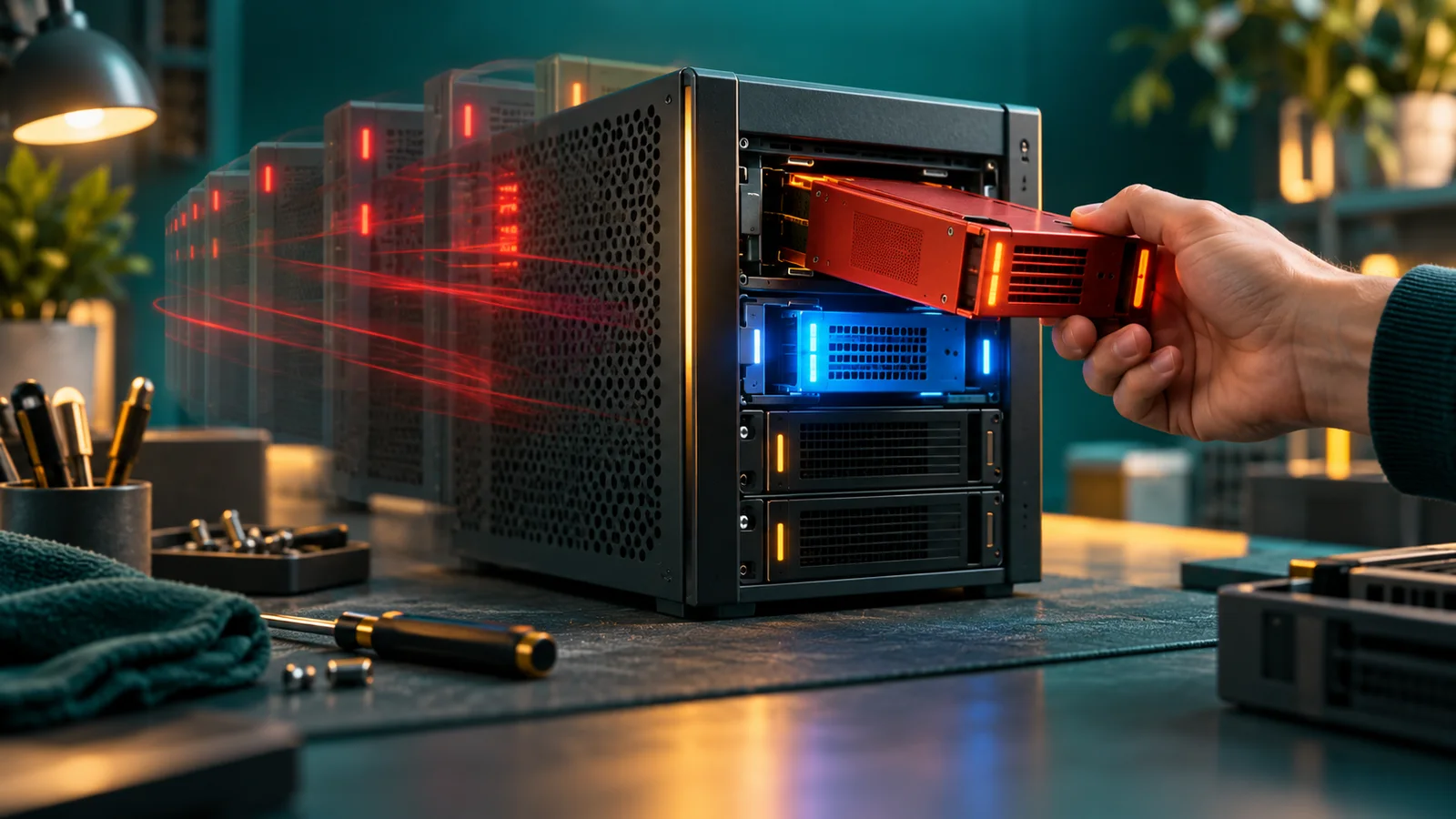 Tangan mengembalikan modul server bermasalah, melambangkan rollback setelah crash-loop dan kelambatan sistem.