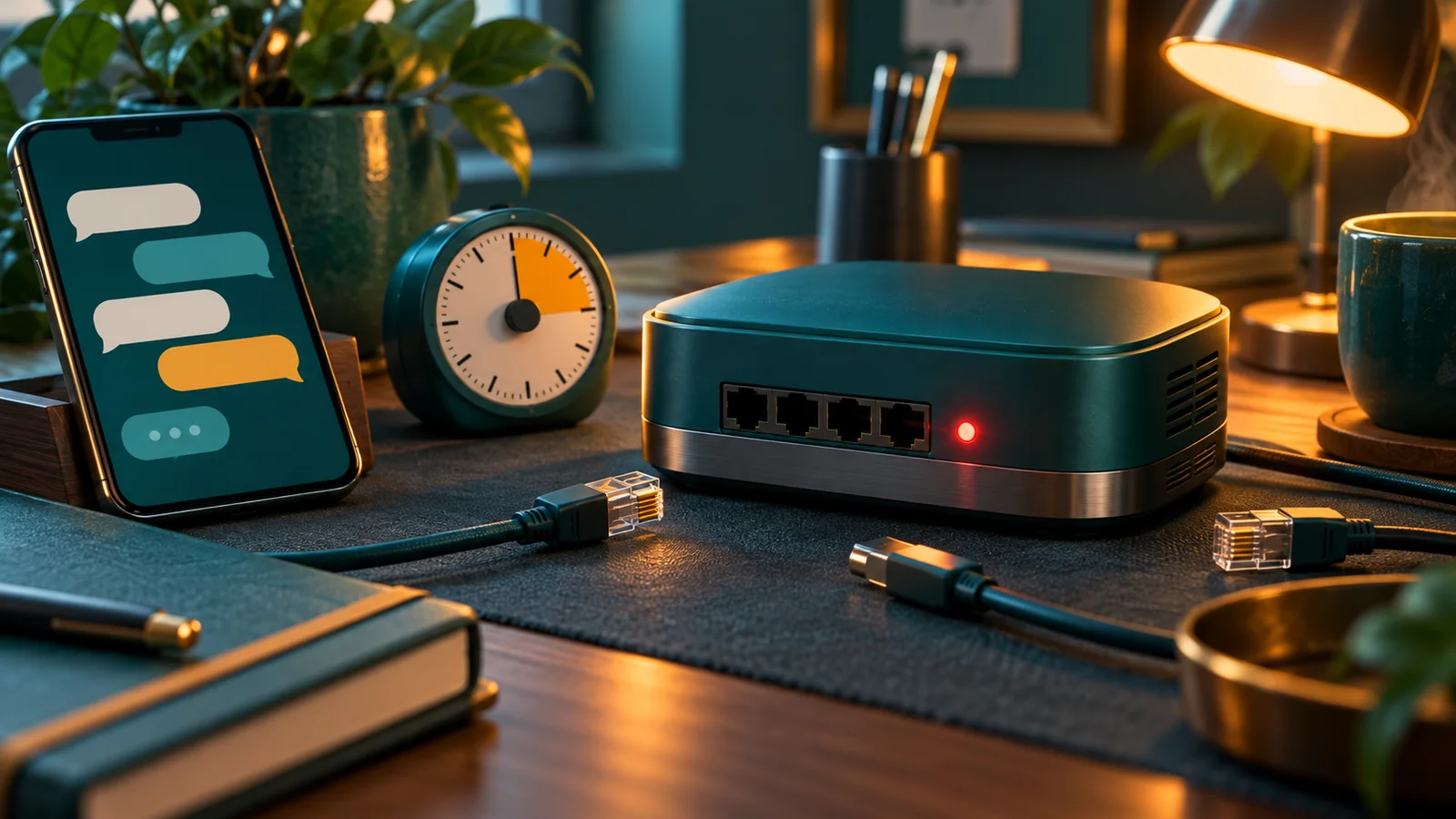 Hub jaringan dengan kabel terlepas, ponsel berisi gelembung chat abstrak, dan timer analog di meja kantor.