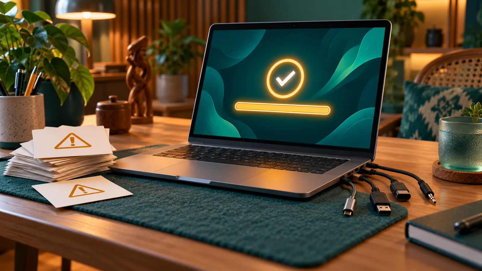 Laptop selesai diperbarui, tetapi kartu peringatan menumpuk dan kabel-kabelnya terlepas.