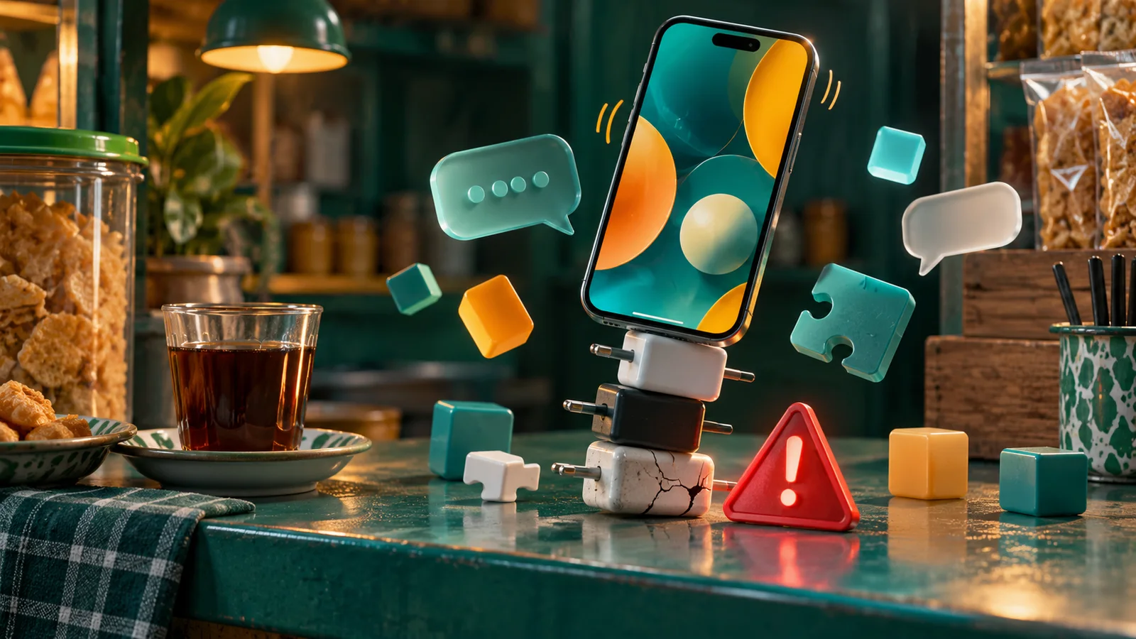Ponsel abstrak bertumpu pada adaptor retak dengan gelembung chat dan blok perangkat lunak berantakan di meja warung.