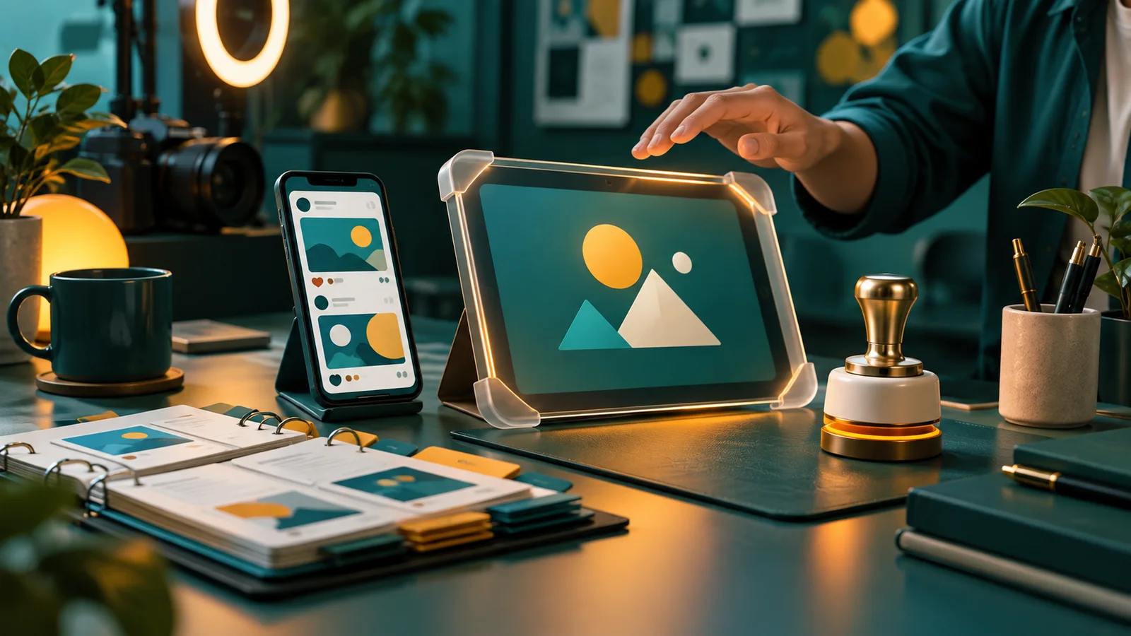 Pekerja studio meninjau draf konten dan playbook sebelum menyetujui aksi tool di tablet.
