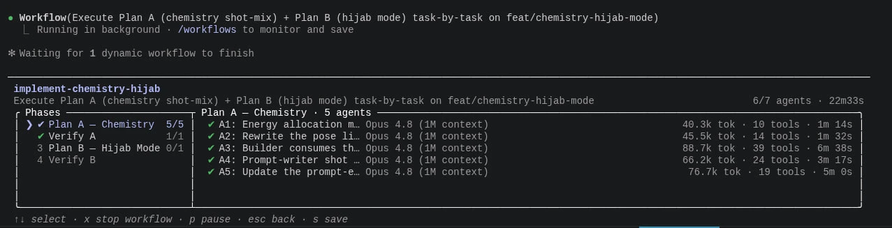 Claude Code dynamic workflow berjalan di background dengan beberapa subagent dan fase kerja