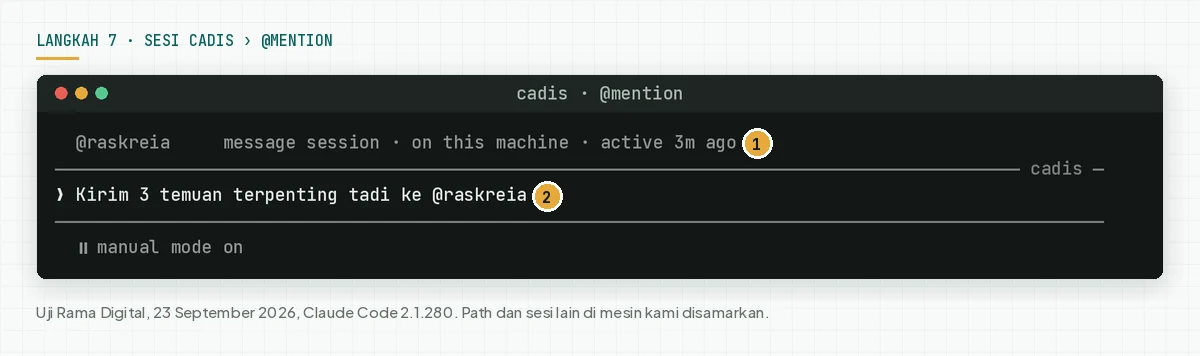 Typeahead @raskreia dengan label message session, on this machine di prompt sesi cadis