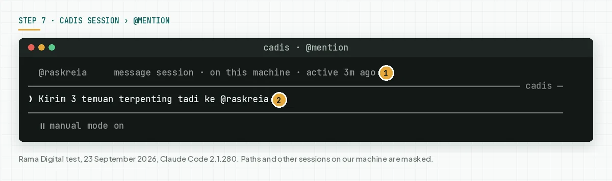 The @raskreia typeahead with the label message session, on this machine in the prompt of the cadis session