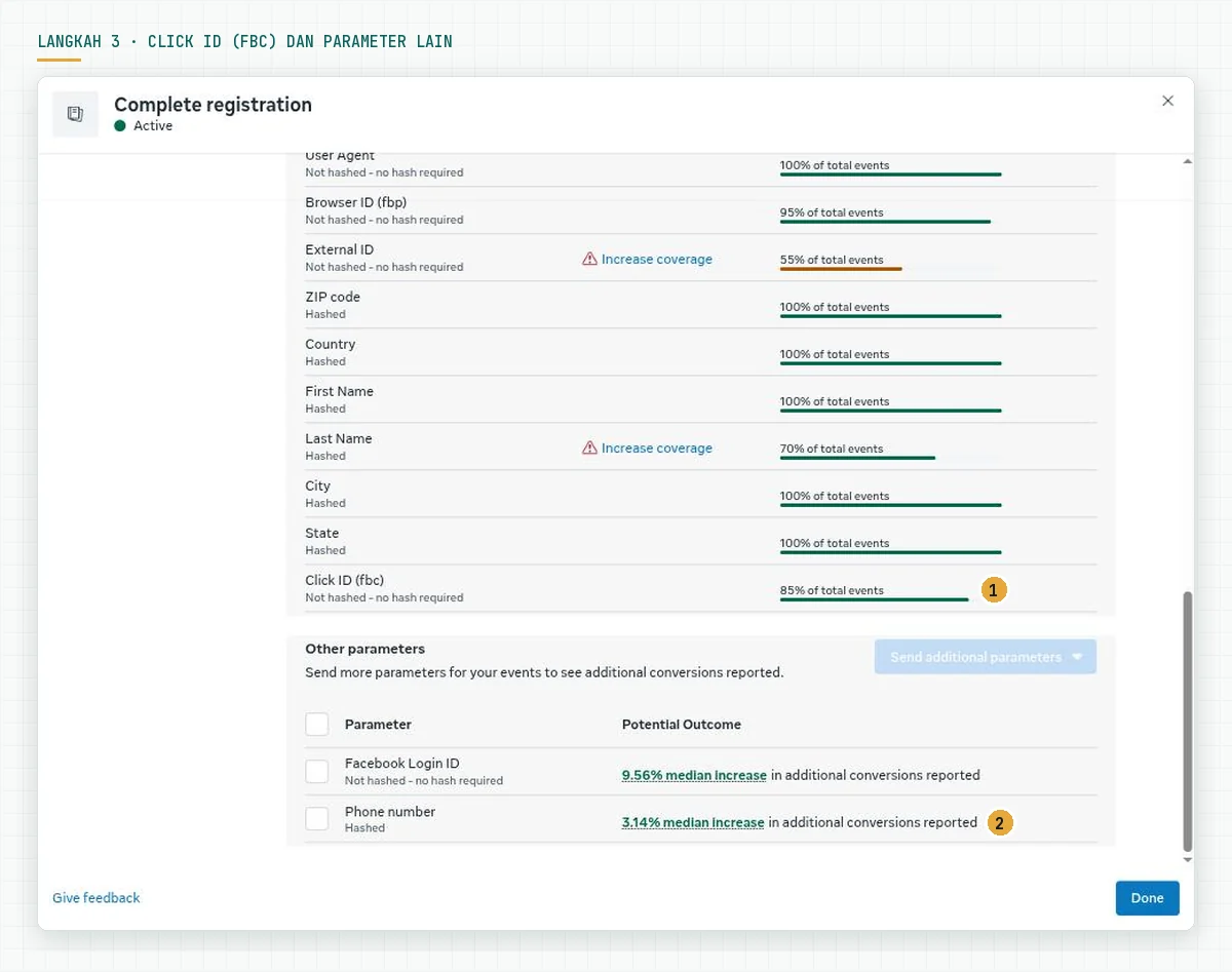 Bagian bawah tabel Shared parameters dengan Click ID fbc 85 persen dan bagian Other parameters berisi Facebook Login ID dengan kenaikan median 9,56 persen serta Phone number dengan kenaikan median 3,14 persen