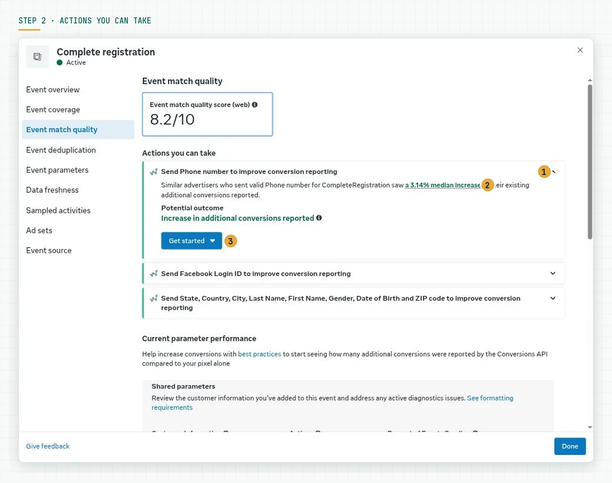 The Actions you can take section with the card Send Phone number to improve conversion reporting, a 3.14 percent median increase, and a Get started button