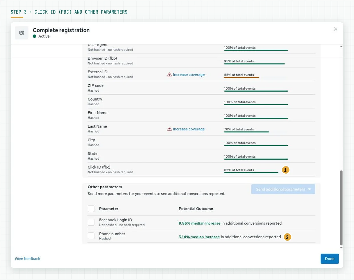 The bottom of the Shared parameters table with Click ID fbc at 85 percent and the Other parameters section with Facebook Login ID at a 9.56 percent median increase and Phone number at a 3.14 percent median increase
