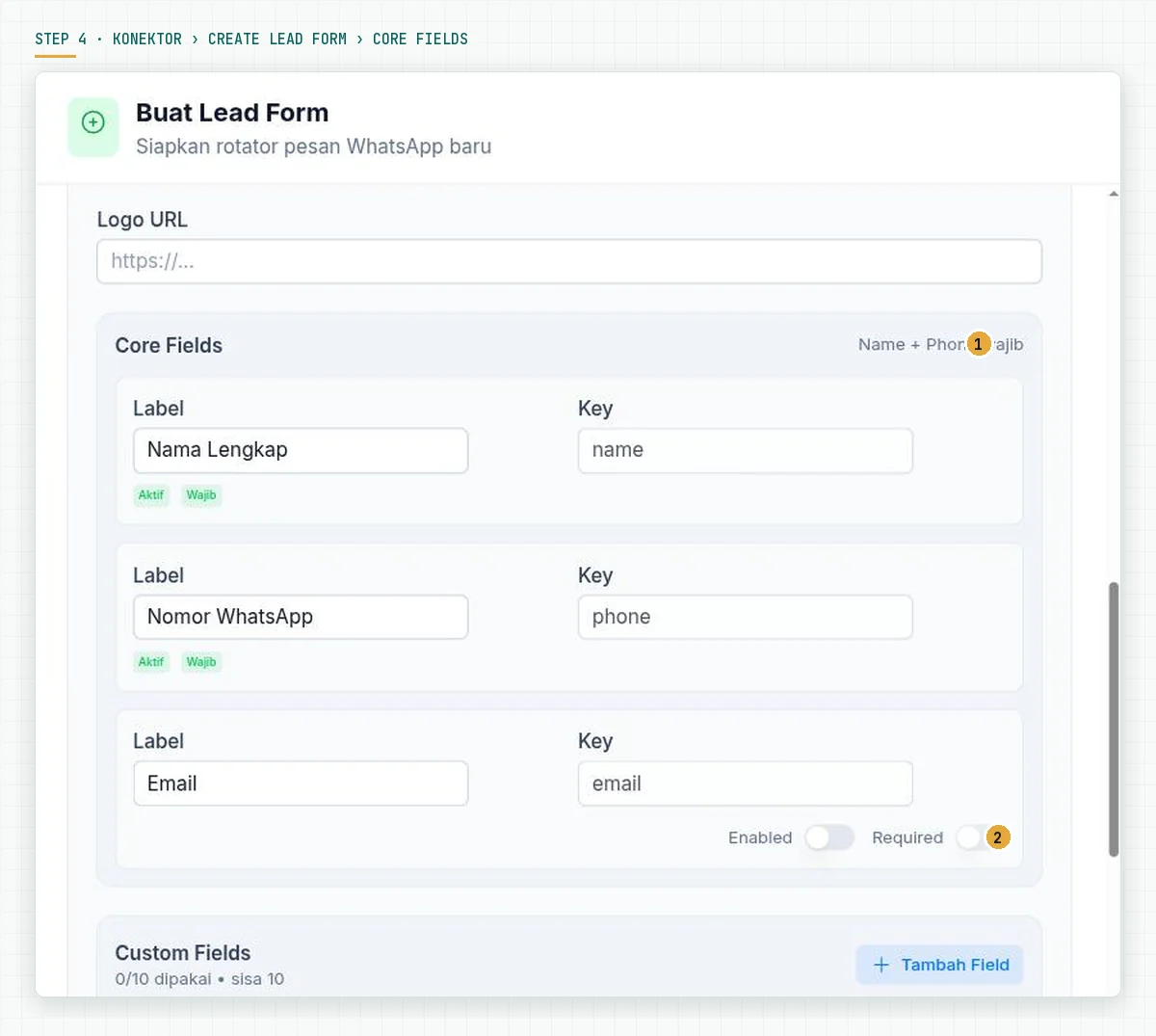The Create Lead Form modal in Konektor with the Core Fields Full name and WhatsApp number as required and Email with Enabled and Required switches
