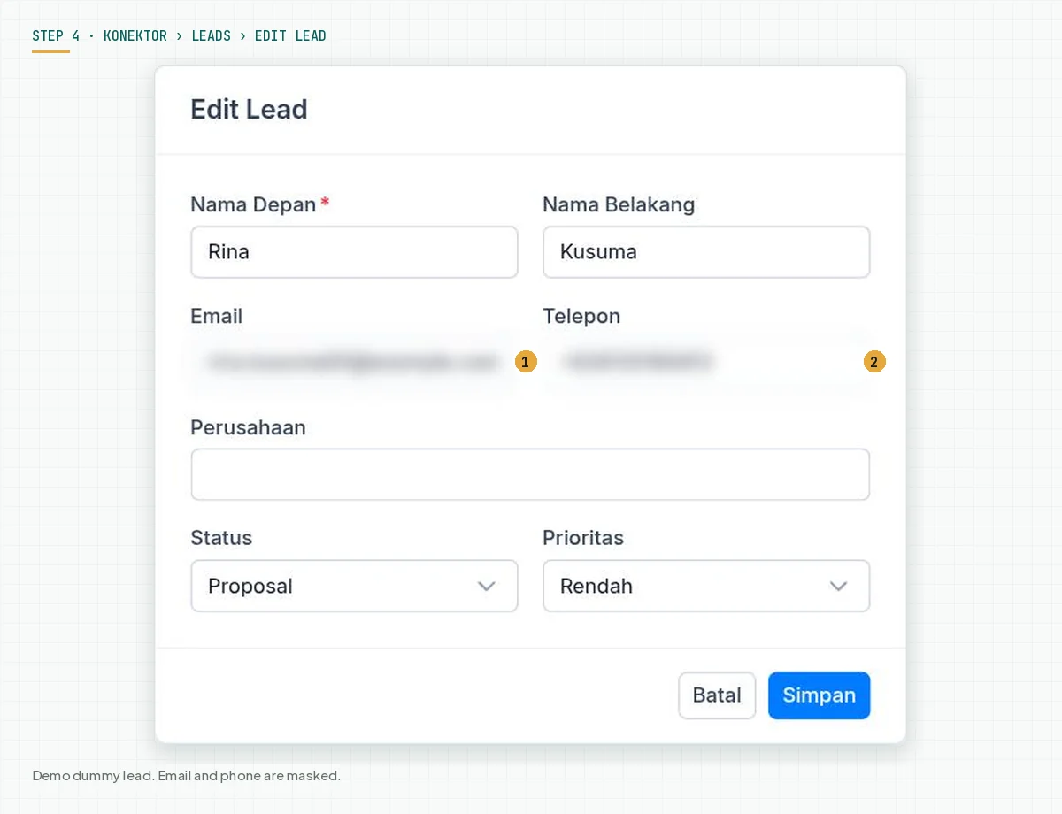 The Edit Lead modal in Konektor with the fields First name, Last name, Email, Phone, Company, Status, and Priority