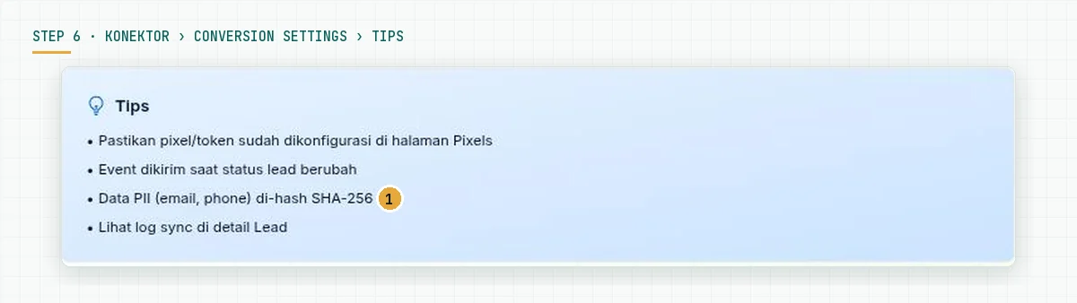 The Tips panel in Konektor Conversion Settings: make sure the pixel and token are configured, events are sent when the lead status changes, PII data email and phone are hashed with SHA-256, see the sync log in the lead detail
