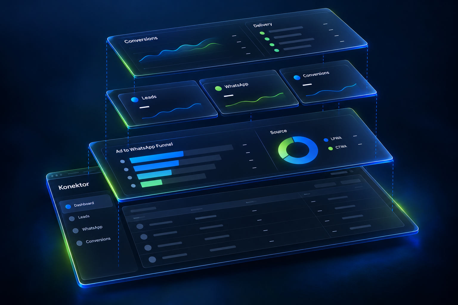 Ilustrasi dashboard Konektor dengan bidang dasar, panel funnel, kartu ringkasan, dan panel konversi yang terpisah