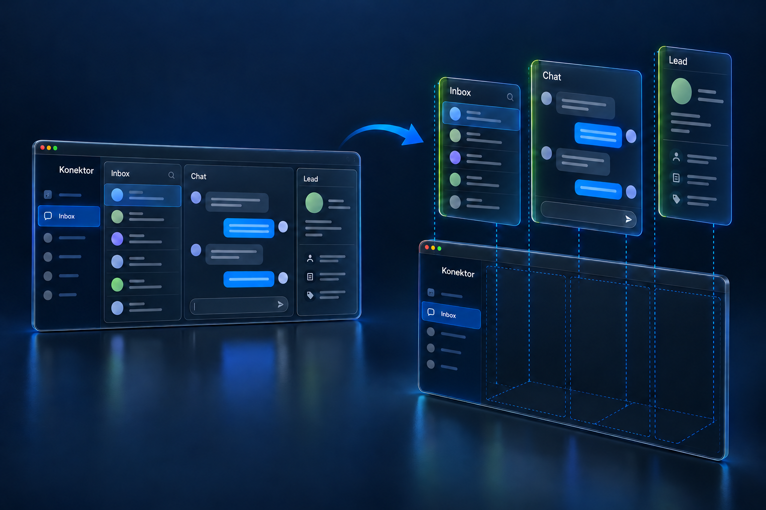 Ilustrasi Inbox Konektor menyatu di kiri dan panel Inbox, Chat, serta Lead terpisah di kanan