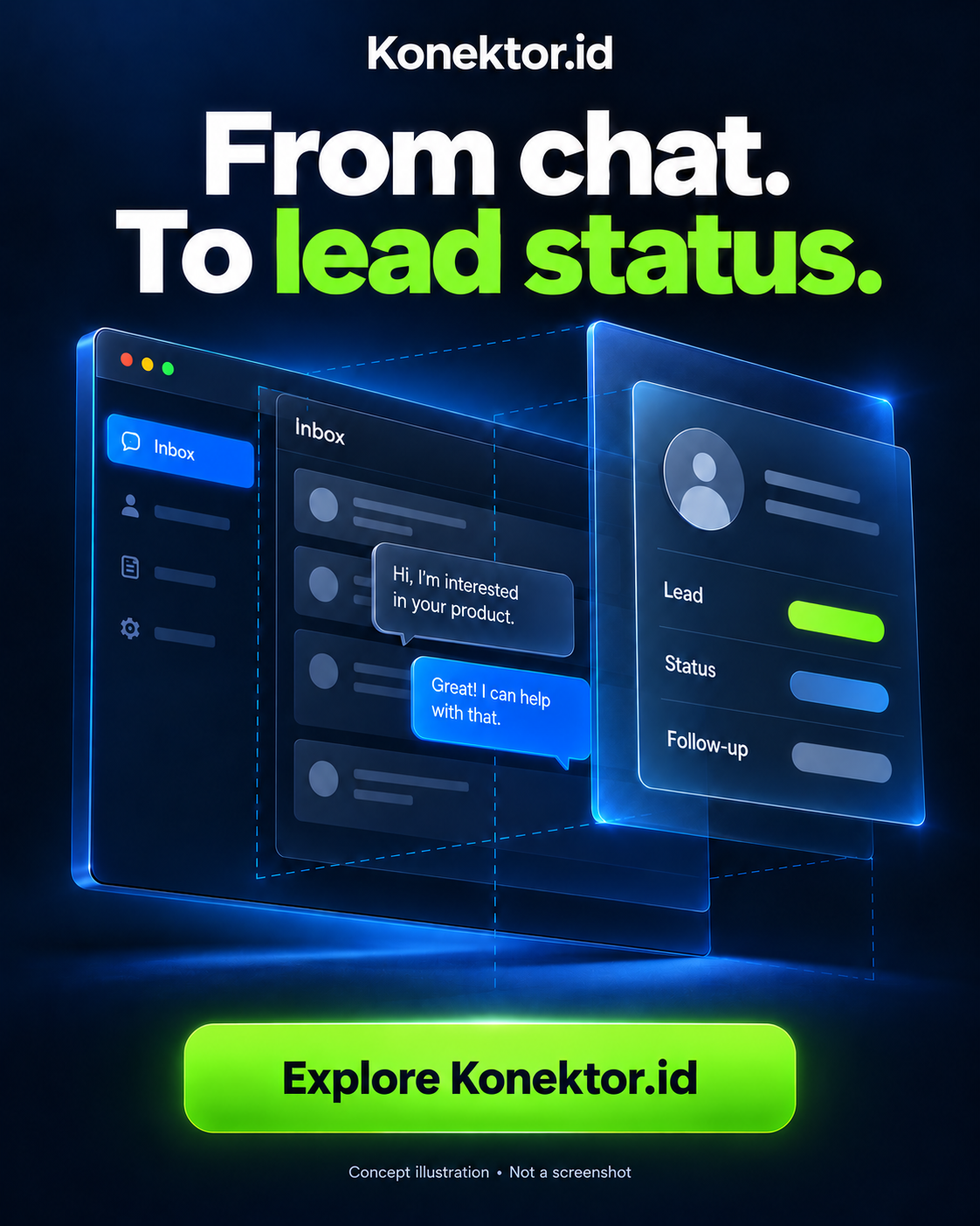 Konektor promotion concept with From chat To lead status headline, Inbox layers, and a lead card