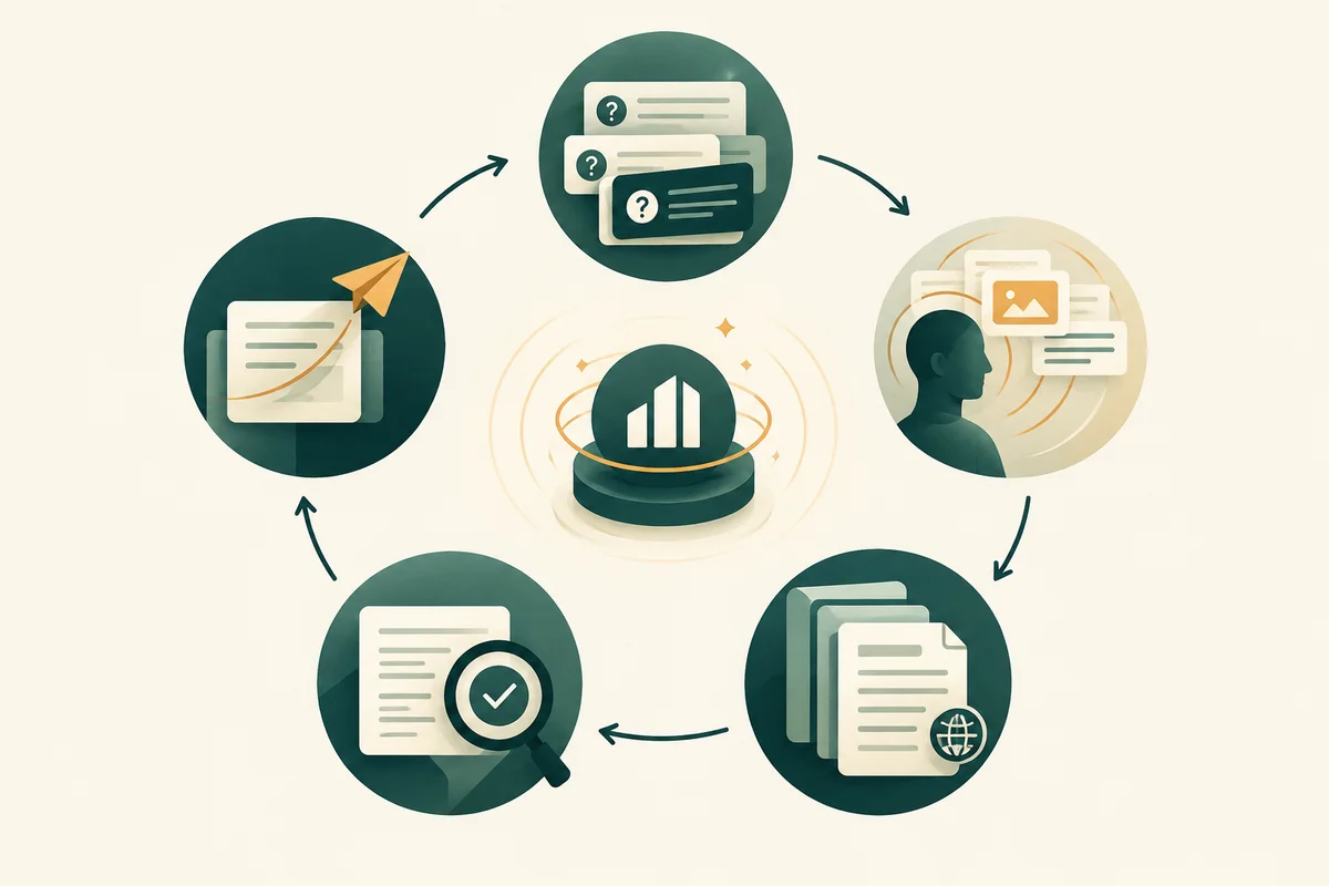 Diagram siklus audit AI visibility dari prompt ke tindakan dan pengujian ulang