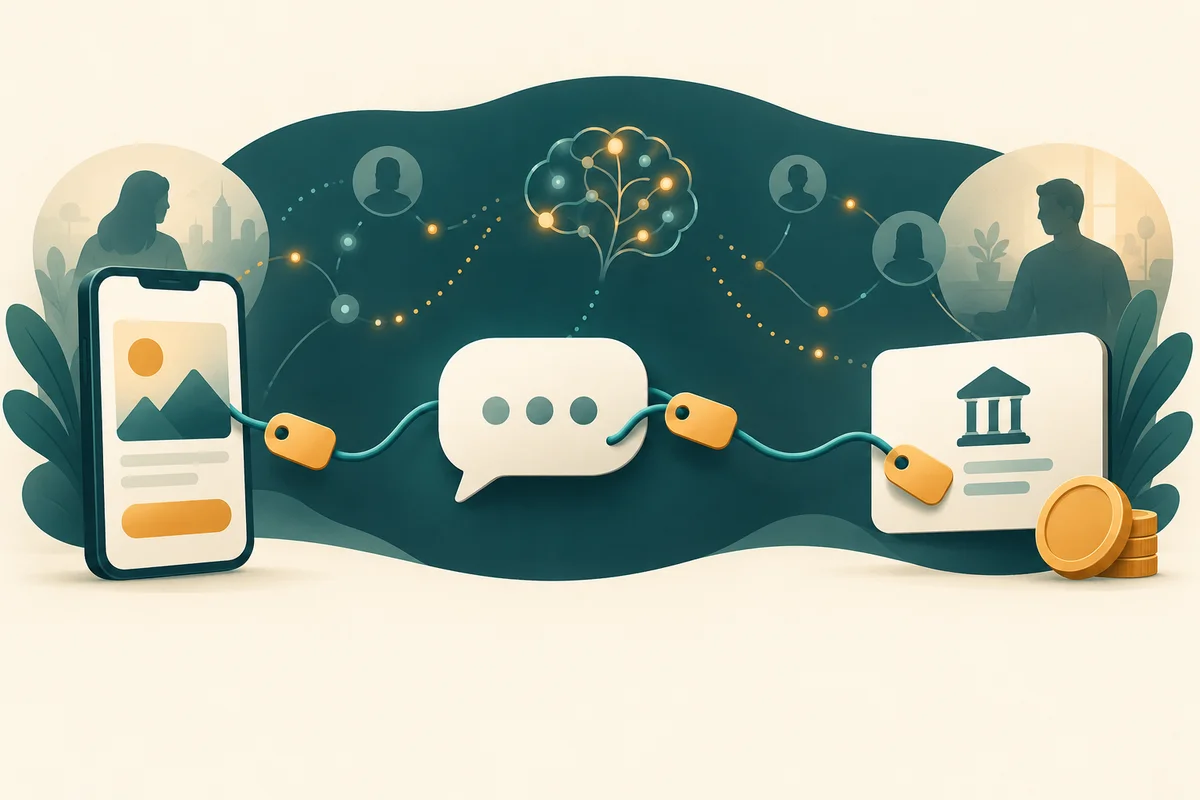 Satu benang teal menyambung iklan, chat WhatsApp, dan transfer, dengan 1 label amber yang sama di setiap titik