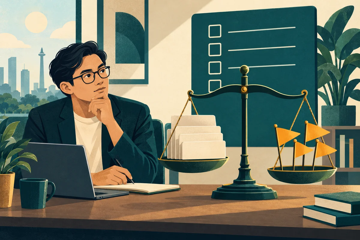 Ilustrasi pemilik bisnis menimbang proposal konsultan terhadap bendera peringatan