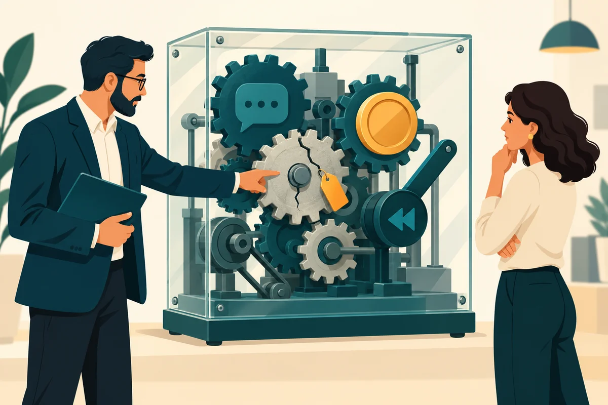 Ilustrasi kotak kaca yang memperlihatkan mesin marketing, termasuk 1 roda gigi retak dan tuas rollback