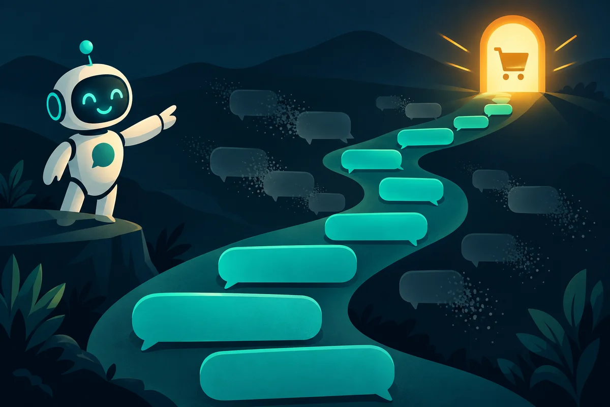 Ilustrasi jalur chat yang panjang: sebagian besar chat berhenti di awal, hanya sedikit chat yang sampai ke gerbang pembayaran.