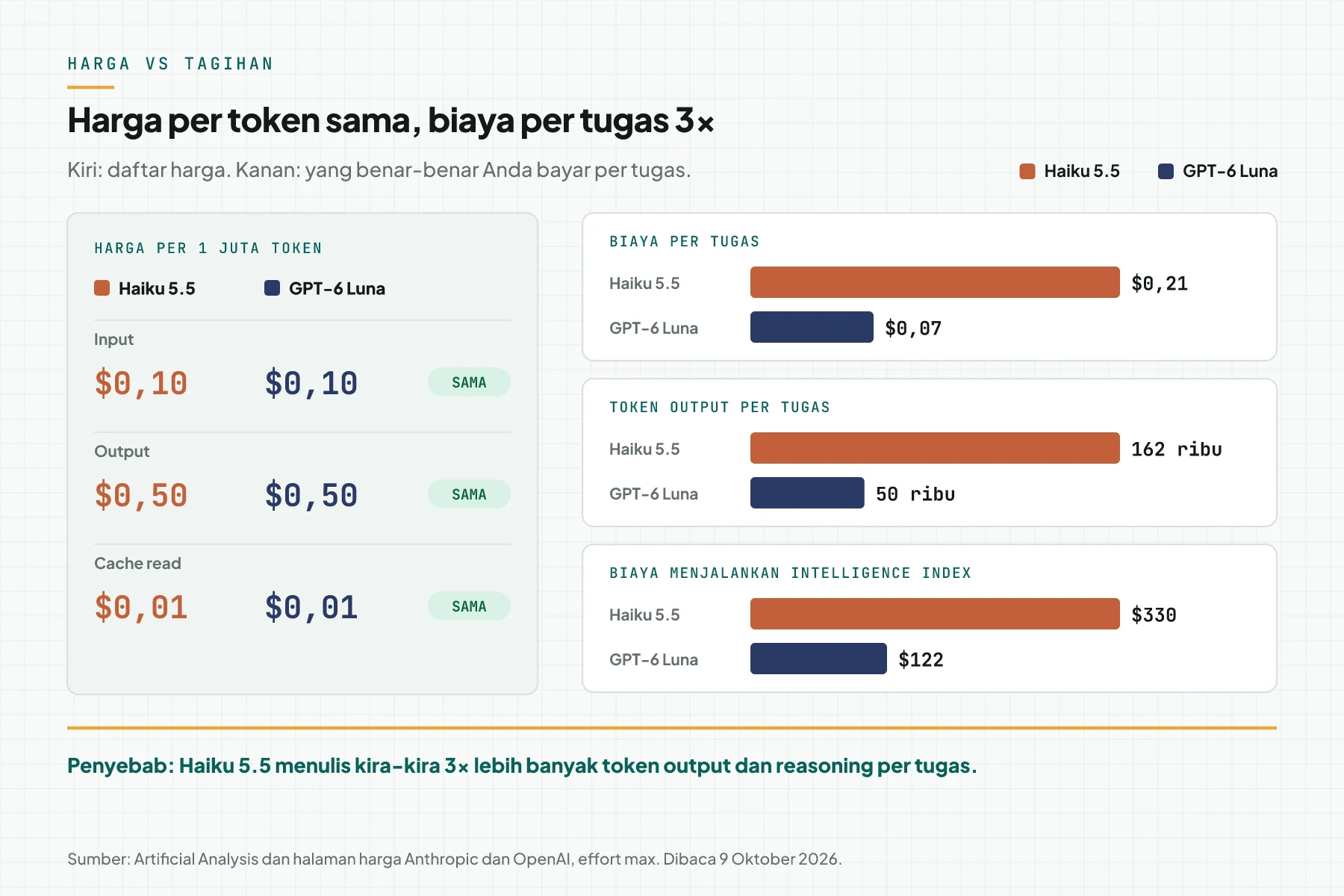 Diagram: harga token Haiku 5.5 dan GPT-6 Luna identik, tetapi biaya per tugas dan token output per tugas Haiku 5.5 kira-kira 3 kali Luna