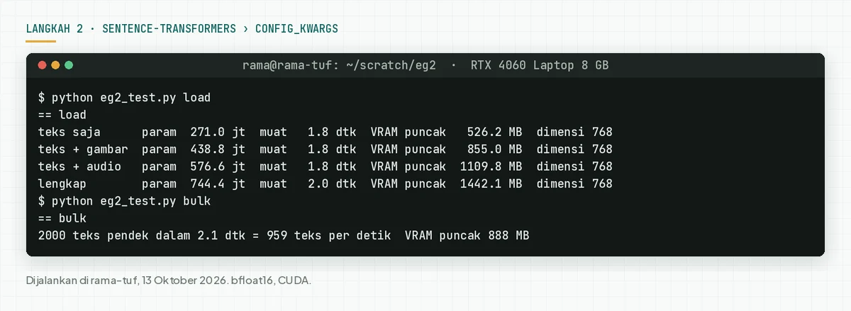 Terminal: parameter dan VRAM puncak untuk 4 konfigurasi encoder, lalu 959 teks per detik.