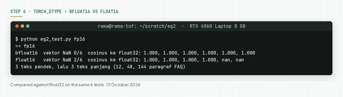 Terminal: bfloat16 gives no NaN, float16 gives NaN on 2 of 6 long texts.