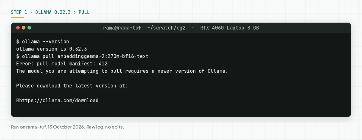 Terminal: Ollama 0.32.3 refuses to pull embeddinggemma-2 with code 412 and asks for a newer version.