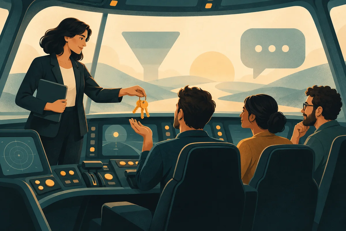 Ilustrasi konsultan menyerahkan kunci kokpit iklan kepada tim internal
