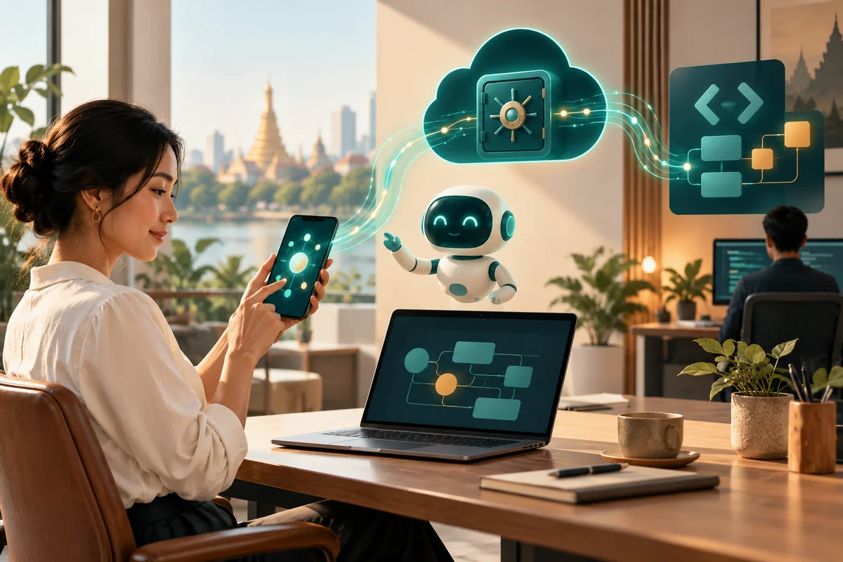 Pemilik bisnis mengarahkan agent AI dari ponsel sambil memantau pekerjaan di laptop