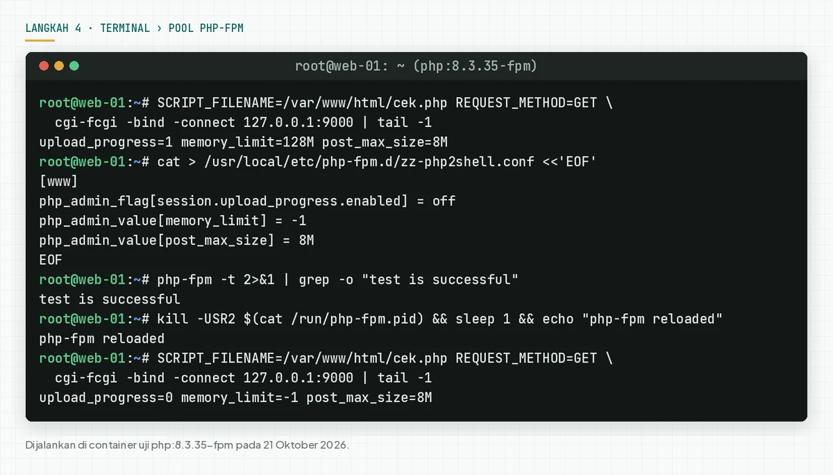 Terminal php:8.3.35-fpm: request lewat FPM menampilkan upload_progress=1 dan memory_limit=128M, lalu sesudah berkas pool baru dan reload menampilkan upload_progress=0 dan memory_limit=-1.