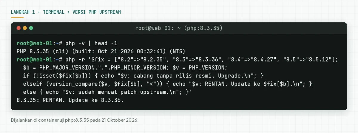 Terminal container php:8.3.35: php -v menampilkan 8.3.35, lalu perintah php -r membandingkan versi dan mencetak 8.3.35 RENTAN, update ke 8.3.36.
