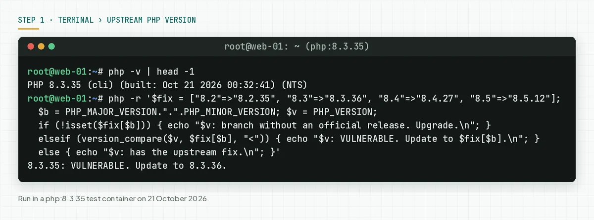 Terminal in a php:8.3.35 container: php -v shows 8.3.35, then a php -r command compares the version and prints 8.3.35 VULNERABLE, update to 8.3.36.