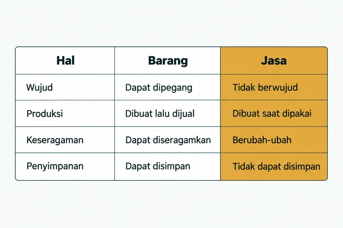 Perbandingan barang dan jasa pada wujud, produksi, keseragaman, dan penyimpanan