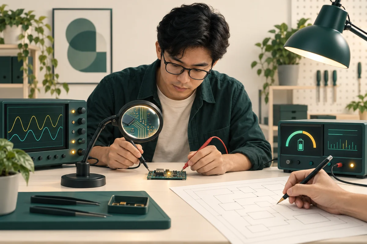 Engineer compares build results, debug errors, power use, and review time