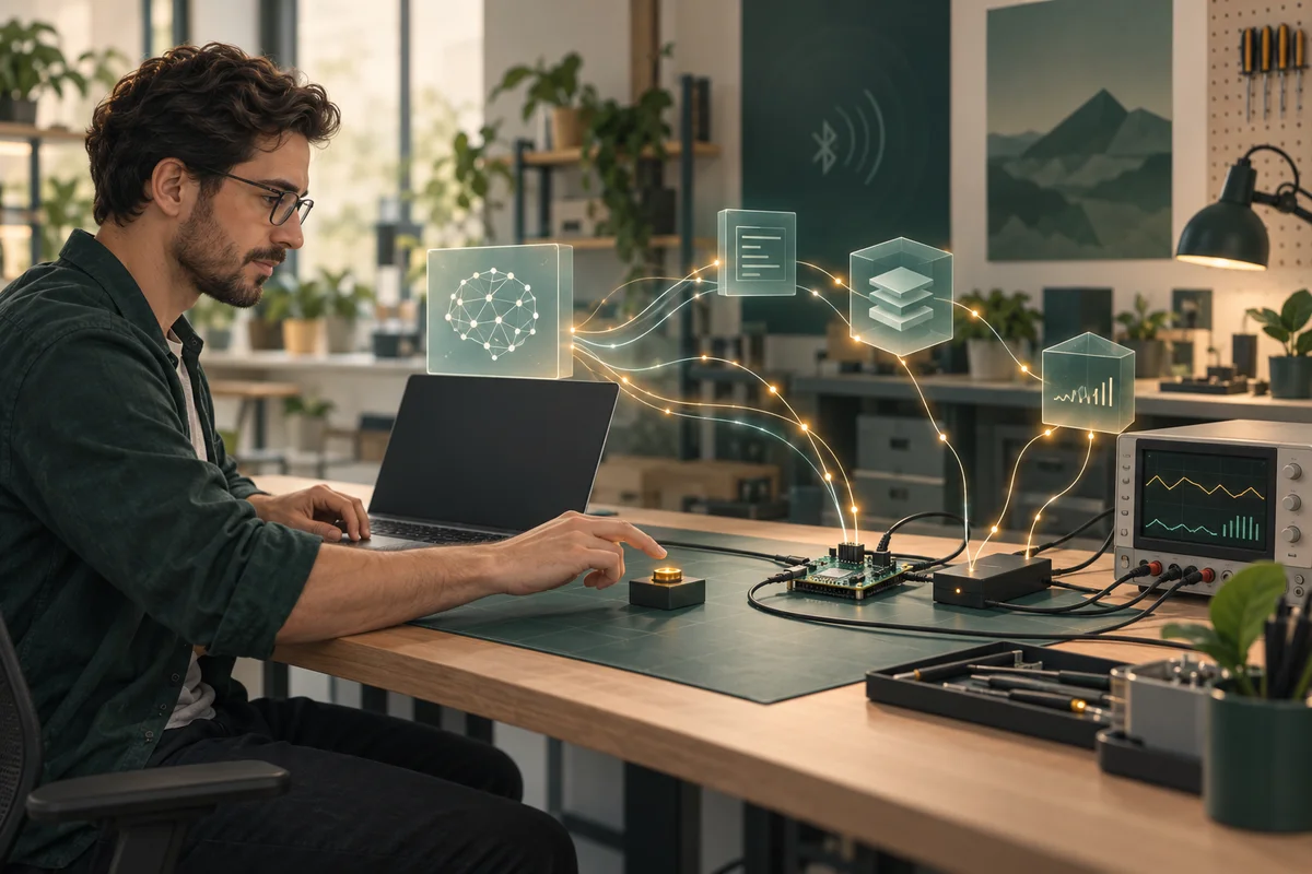 Flow from an AI coding assistant to SDK tools, test hardware, and human verification