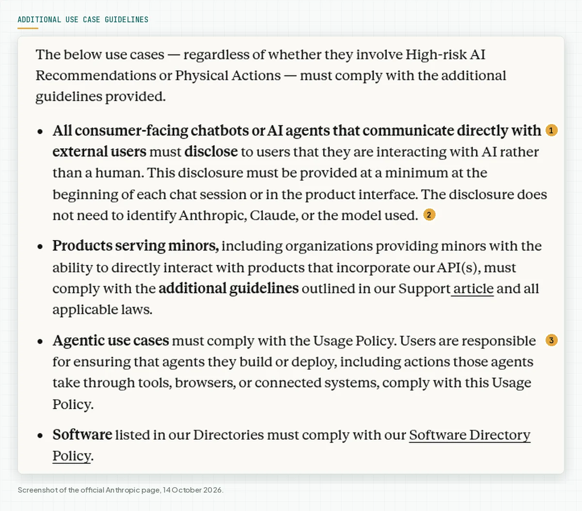 The Additional Use Case Guidelines section: chatbot disclosure, products for minors, agentic use, and directory software.