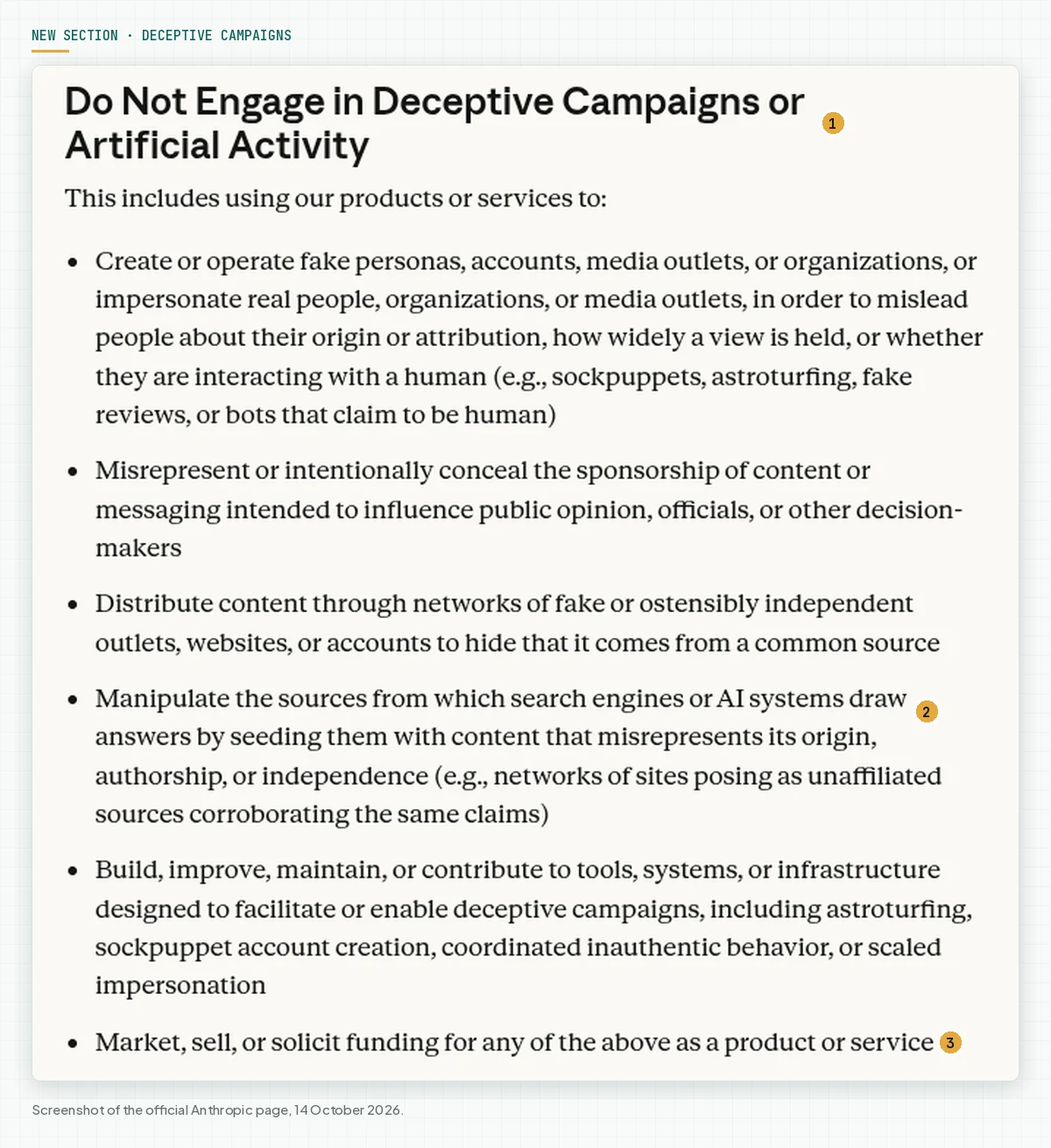 The Do Not Engage in Deceptive Campaigns or Artificial Activity section with 6 prohibited items.