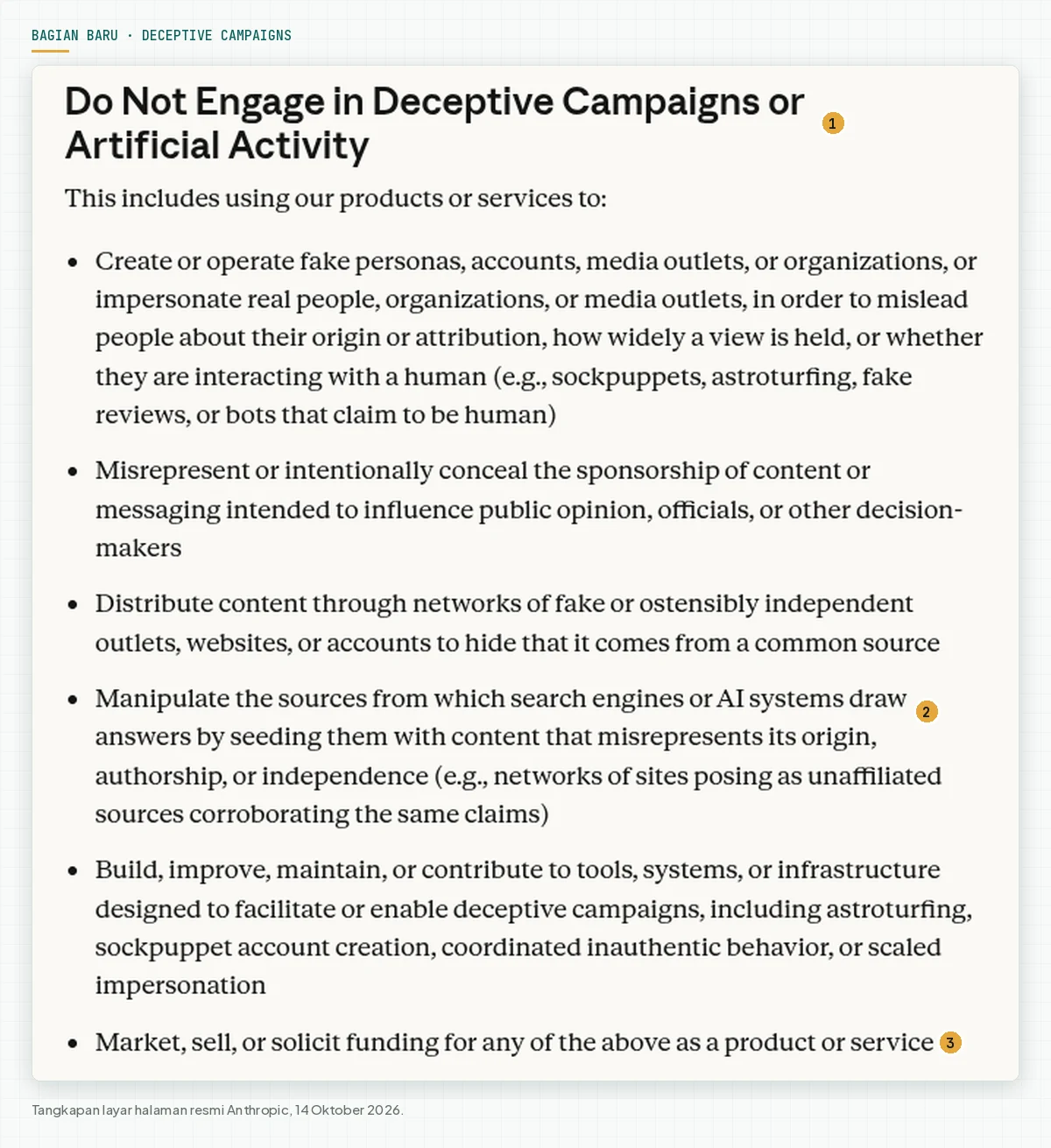 Bagian Do Not Engage in Deceptive Campaigns or Artificial Activity dengan 6 butir larangan.