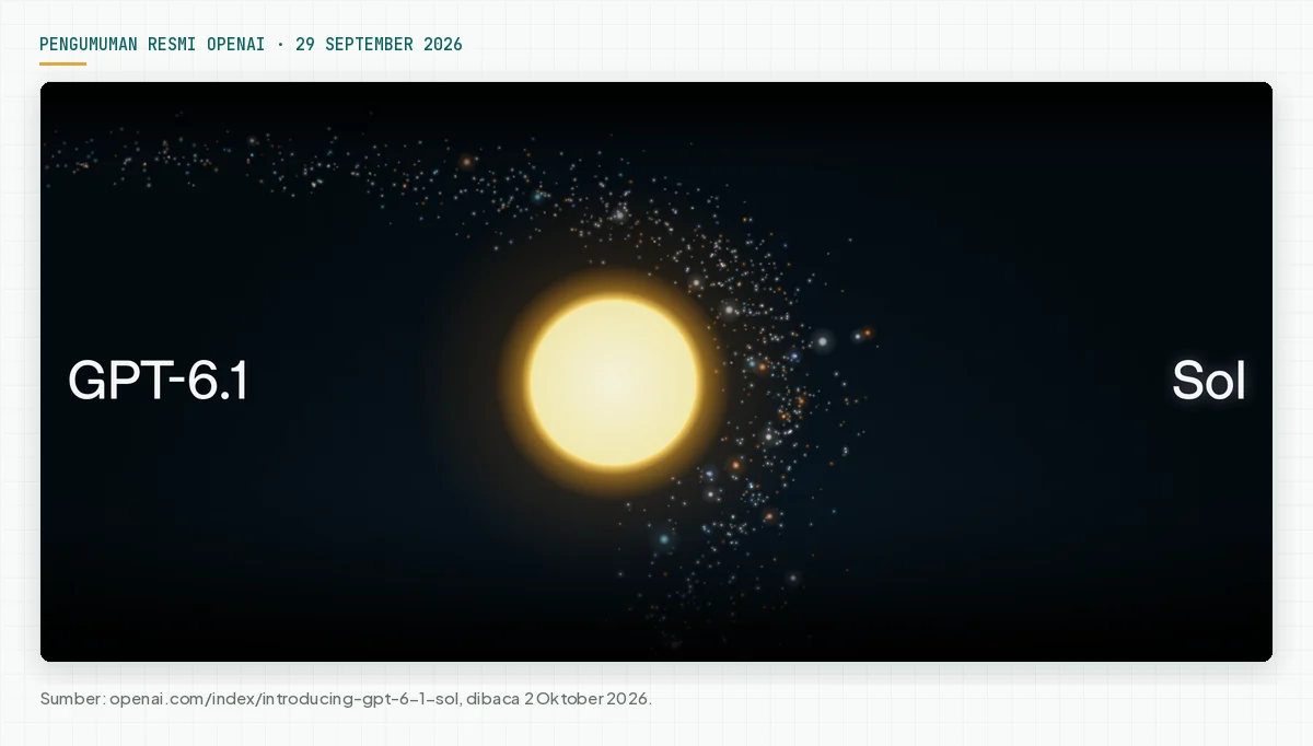 Halaman pengumuman resmi OpenAI dengan judul GPT-6.1 Sol dan ilustrasi matahari di latar gelap