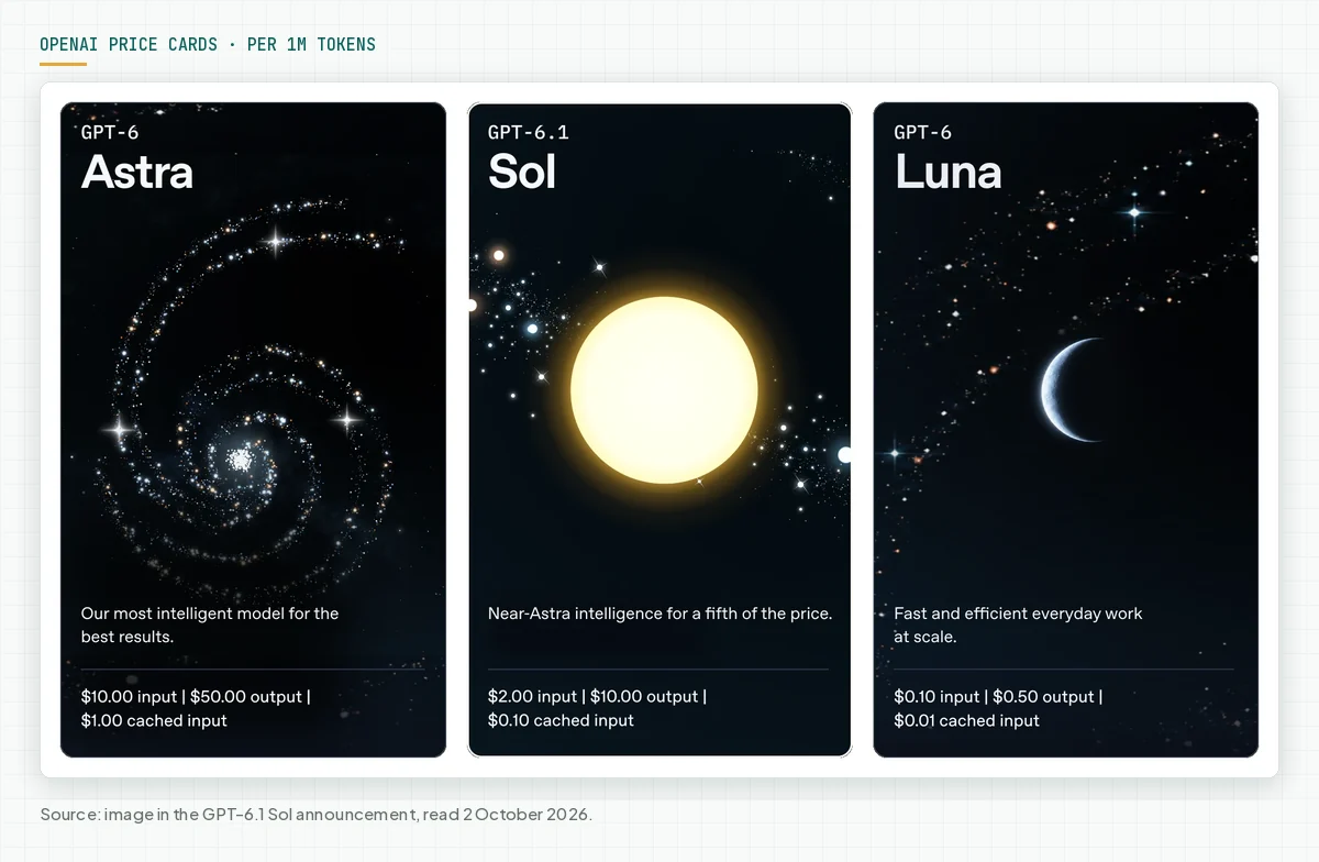 Three OpenAI price cards: GPT-6 Astra at $10 input and $50 output, GPT-6.1 Sol at $2 input and $10 output, GPT-6 Luna at $0.10 input and $0.50 output