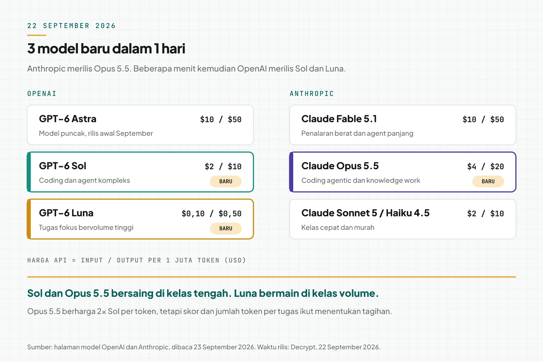 Peta rilis 22 September 2026: OpenAI menambah GPT-6 Sol dan Luna di bawah GPT-6 Astra, dan Anthropic menambah Claude Opus 5.5 di bawah Claude Fable 5.1, lengkap dengan harga input dan output